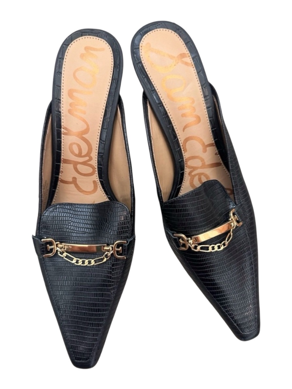 Sam Edelman Black Pointed Mule Loafers with Gold Chain Accent